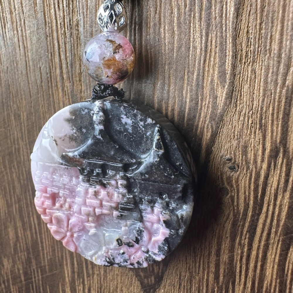 Icy Rhodonite Landscape and Flowers Pendant Necklace on Black Adjustable Rope - Picture 9 of 16